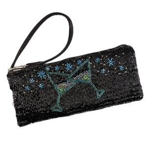 Liz Claiborne Black Martini Beaded Wristlet with Blue Accents